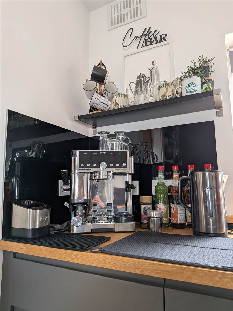 After — coffee bar area with oak worktop